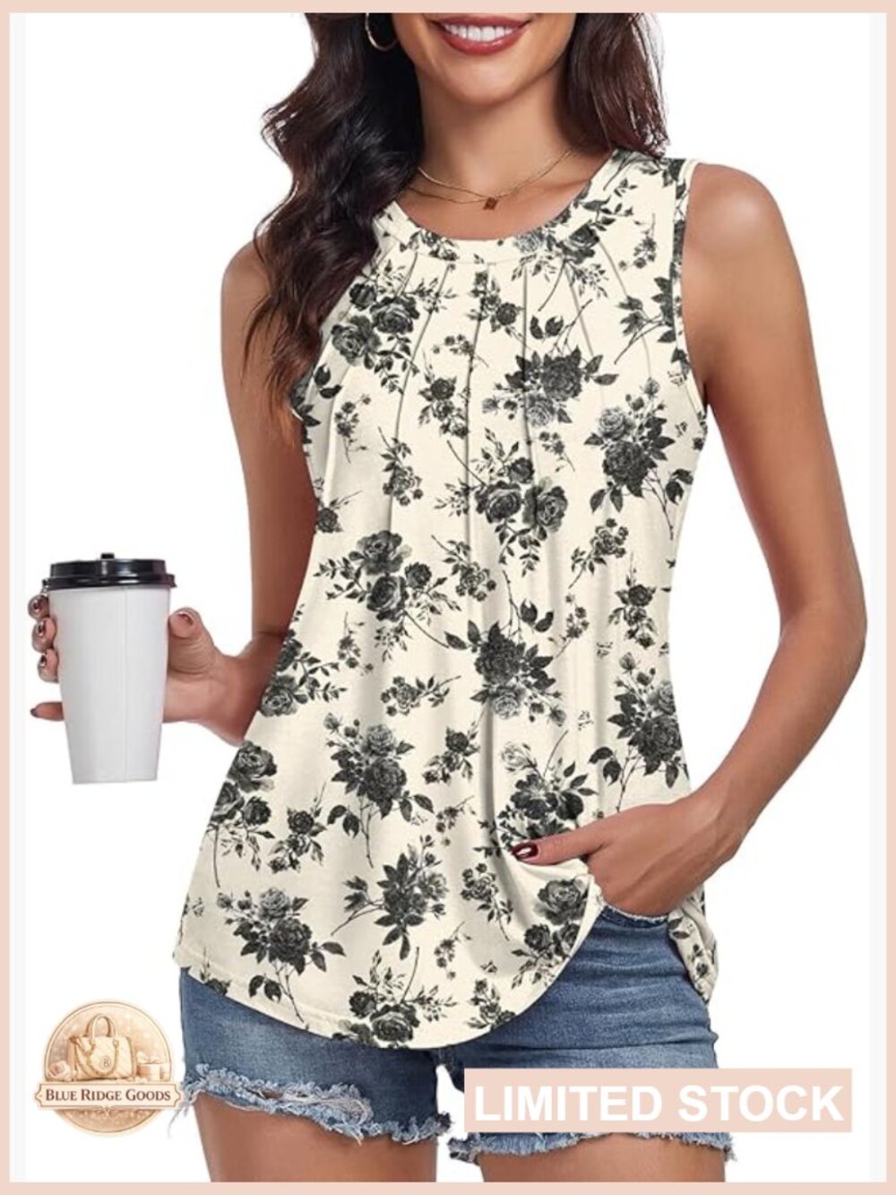 Pleated Sleeveless Tank Top Crew Neck Floral Trendy Summer Blouse Womens